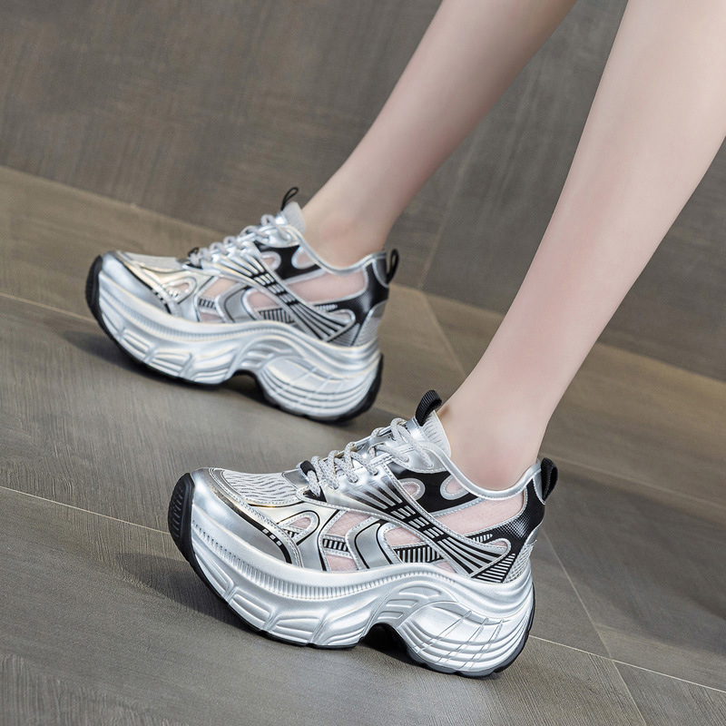 Mesh Sneaker Women - 8cm隠し身長アッププラットフォームスニーカー レディース 通気性メッシュチャンキーシューズ ファッションエレベーターカジュアルウォーキングスポーツシューズ