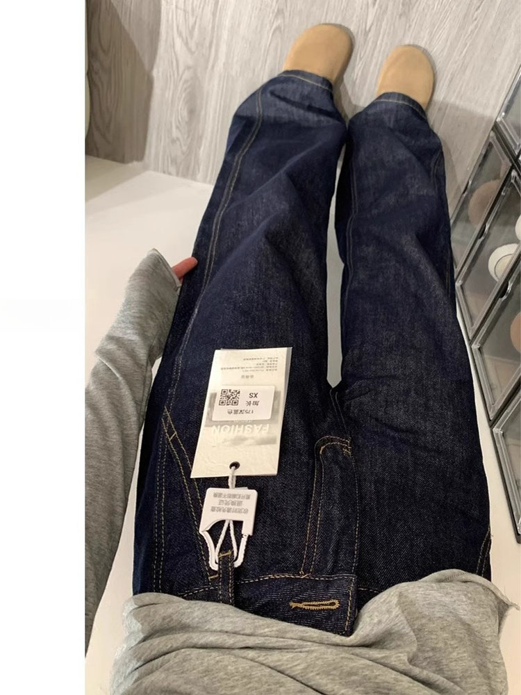Women'S Shoes X Wide - ディープブルーデニムワイドレッグジーンズ レディース 春新作 ルーズハイウエストストレートレッグパンツ カジュアルスタイル ハイウエストデニムジーンズ