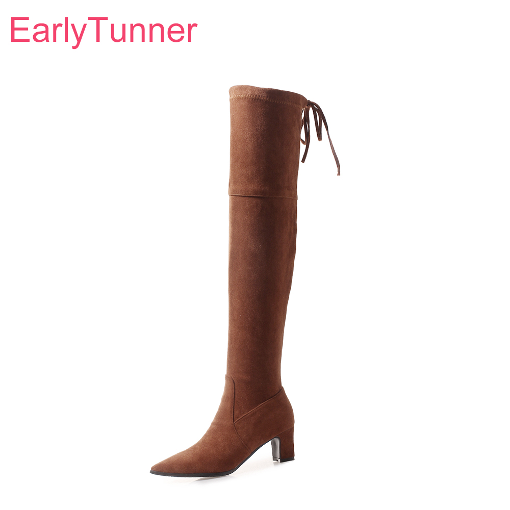 Women'S Shoes Size 12 - 新冬暖色系イエローブラックレディース太もも丈ブーツポインテッドトゥハイスクエアヒール婦人靴プラス大きいサイズ12 32 45 48