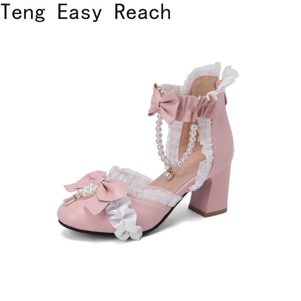 Women'S Shoes Easy Street - ガールズロリータメリージェーンサンダル、オープントゥ、甘いビーズ刺繍、フェミニンなボウ、レースエッジ、バックジッパー、プリンセススタイル、アンクルシューズ、新品