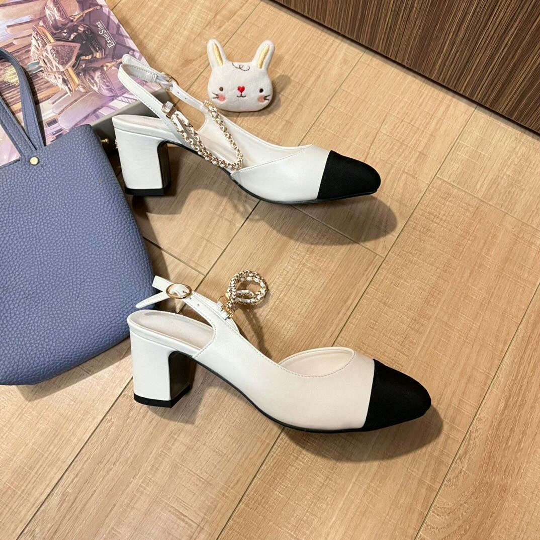 Women Shoes Black - レディース スリングバック パンプス ツートンカラー ブラック ホワイト