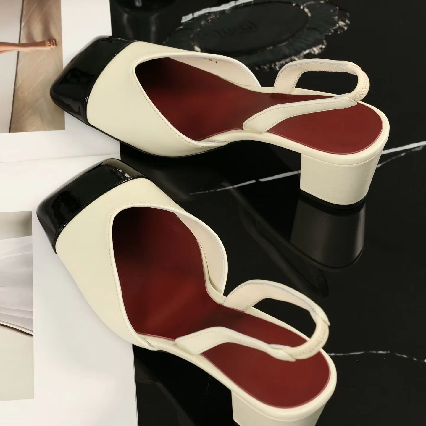 レディース スリングバック パンプス ツートン クリーム ブ - Women Shoes Black のレビューと価格