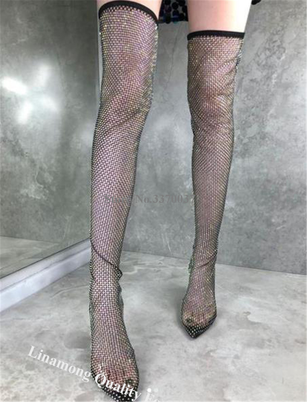 Linamong ラインストーンメッシュロングソックスブーツ - Sock Boot Women のレビューと価格