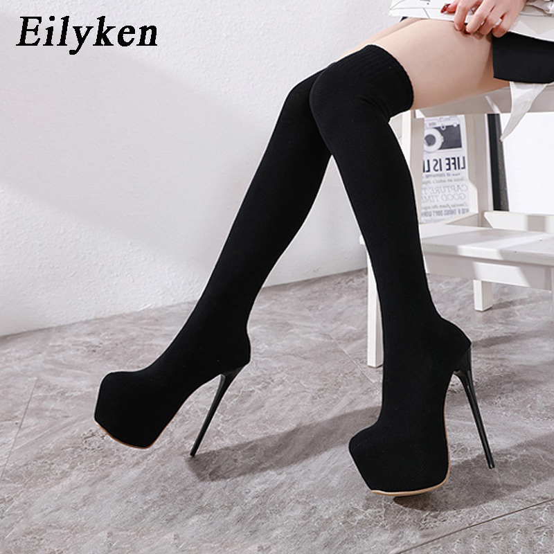 Eilyken-膝上の女性用ブーツ,丸いつま先の黒のニットシ - Sock Boot Women のレビューと価格