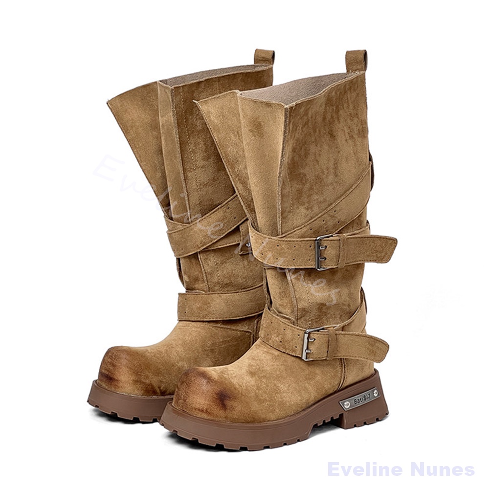 ワイドレッグベルトバックル厚底オートバイブーツ女性牛革スエー - Women'S Shoes X Wide のレビューと価格