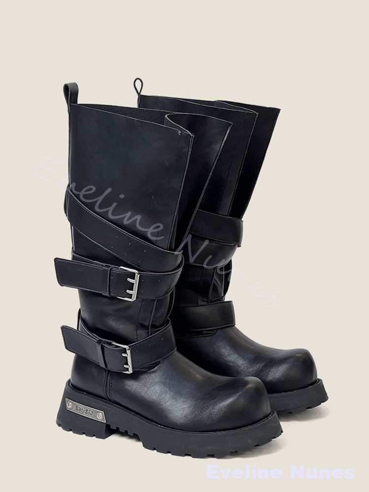 ワイドレッグベルトバックル厚底オートバイブーツ女性牛革スエー - Women'S Shoes X Wide のレビューと価格