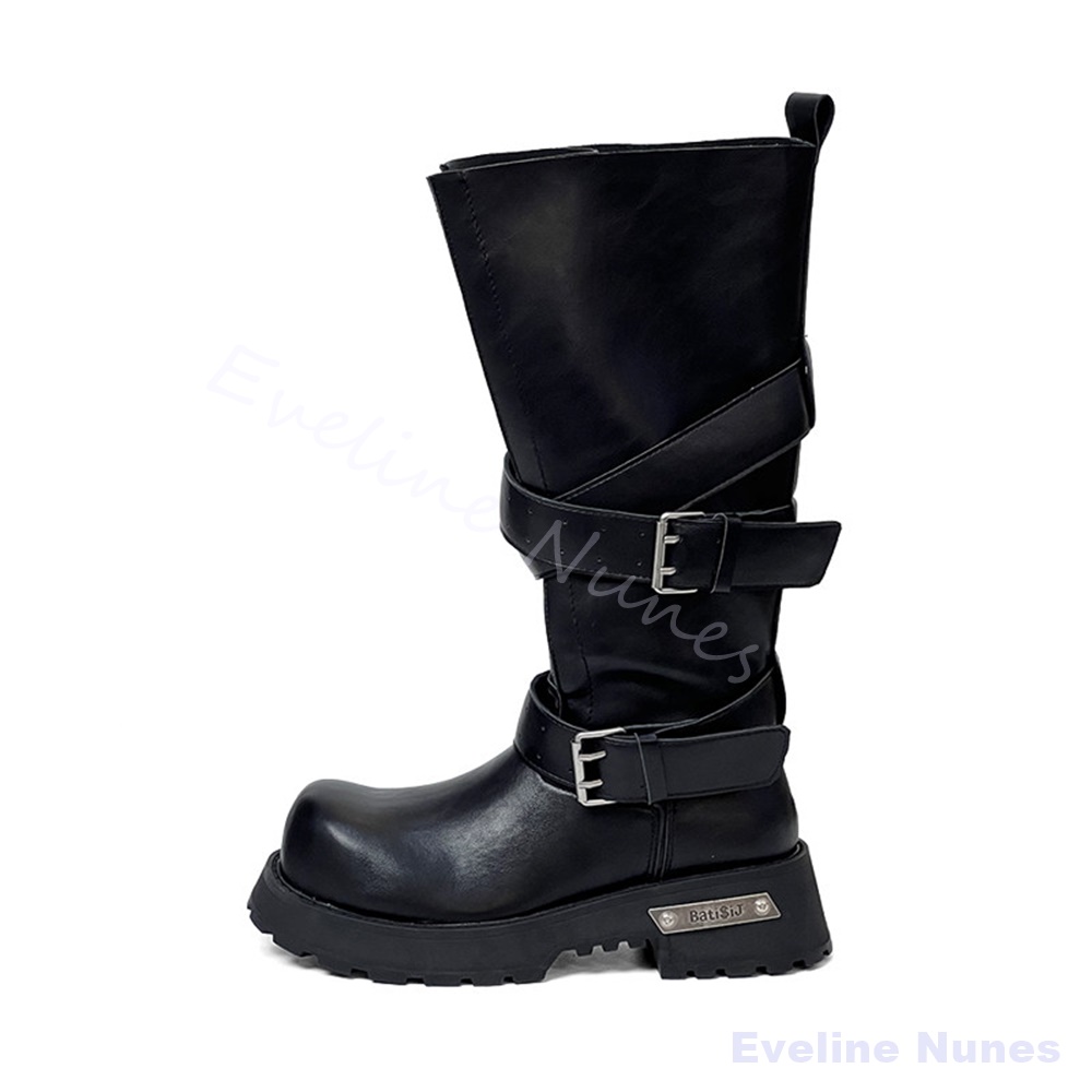 ワイドレッグベルトバックル厚底オートバイブーツ女性牛革スエー - Women'S Shoes X Wide のレビューと価格
